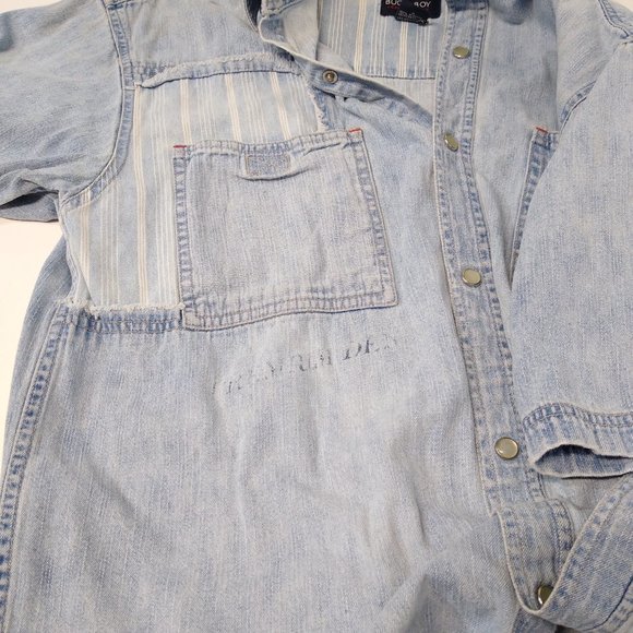 Bugle Boy Short Sleeve Premium Denim Medium Pearl Snap Shirt Blue Jean BB77 Patc - Picture 5 of 9